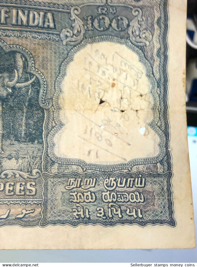 INDIA 100 RUPEES P-43  1957 TIGER ELEPHANT DAM MONEY BILL Rhas pinhole ARE BANK NOTE black number below 1 pcs au very ra