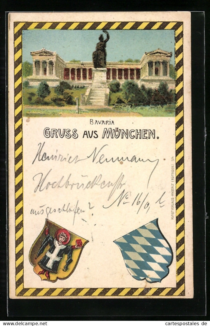 Lithographie München, Bavaria Und Ruhmeshalle, Wappen, Private Stadtpost Courier  - Briefmarken (Abbildungen)