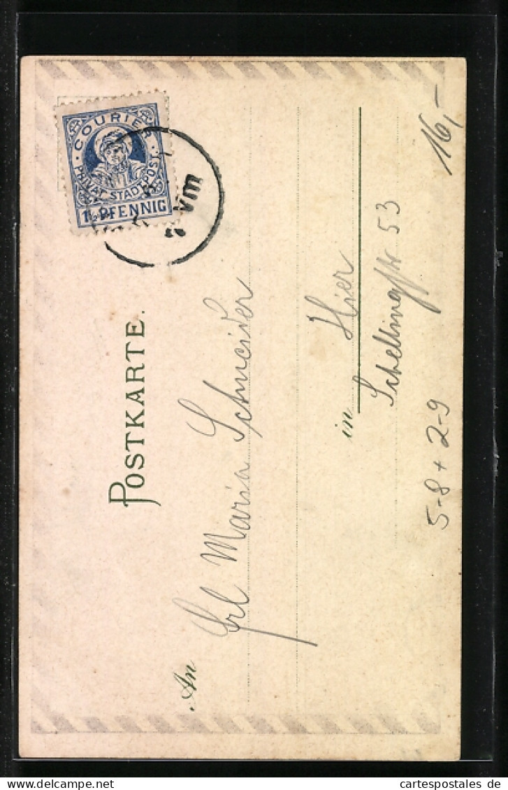 Lithographie München, Bavaria Und Ruhmeshalle, Wappen, Private Stadtpost Courier  - Briefmarken (Abbildungen)