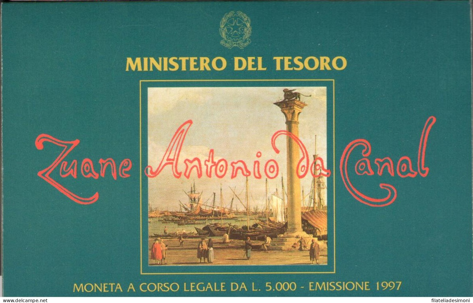1997 Italia - 5.000 Lire Canaletto - Cartoncino Ufficiale - FDC - 500 Lire