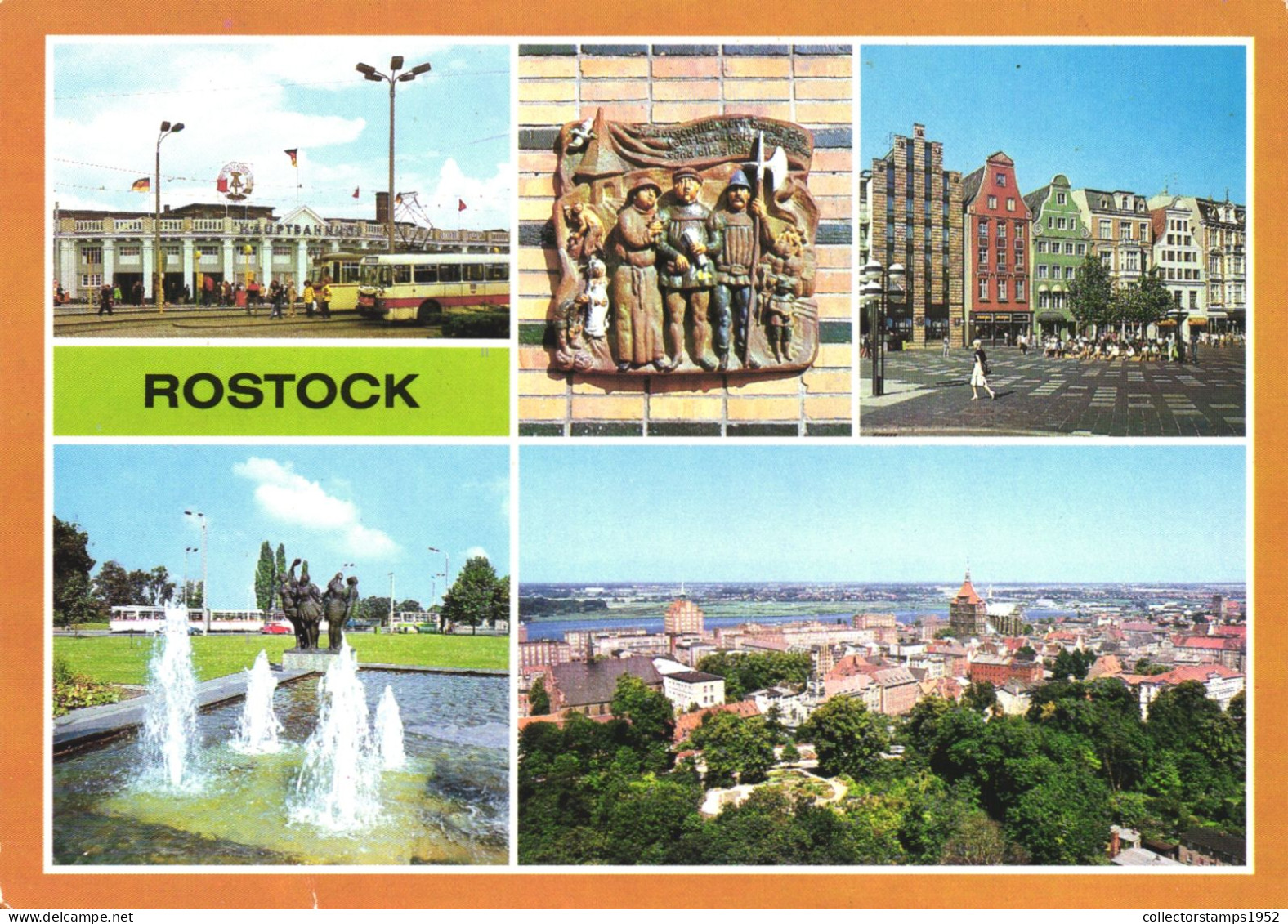 ROSTOCK, MULTIPLE VIEWS, ARCHITECTURE, BUS, SCULPTURE, FOUNTAIN, STATUE, GERMANY, POSTCARD - Rostock