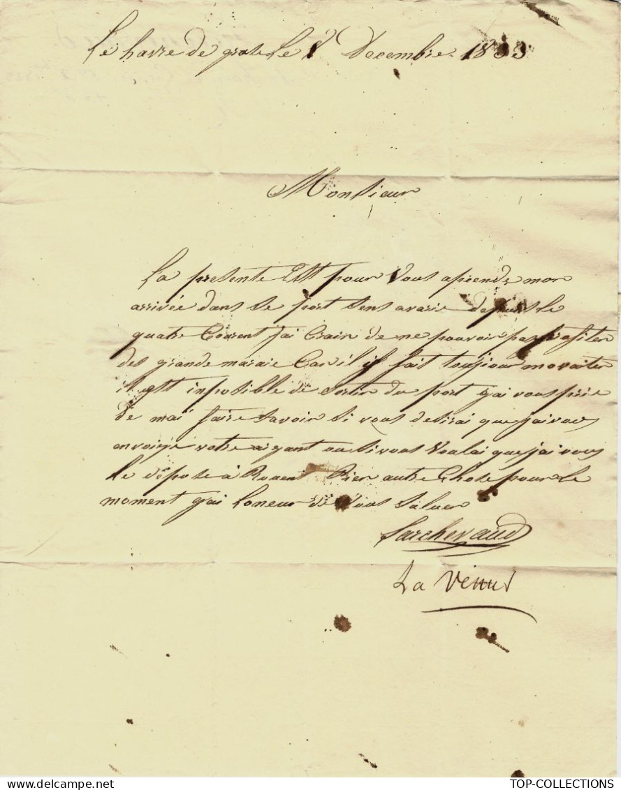 NAVIGATION GRANDE MAREE 1833  LE HAVRE DE GRACE LARCHEVAUD Capitaine Navire La Vénus Pour Elisée Raba Armateur Bordeaux - 1800 – 1899