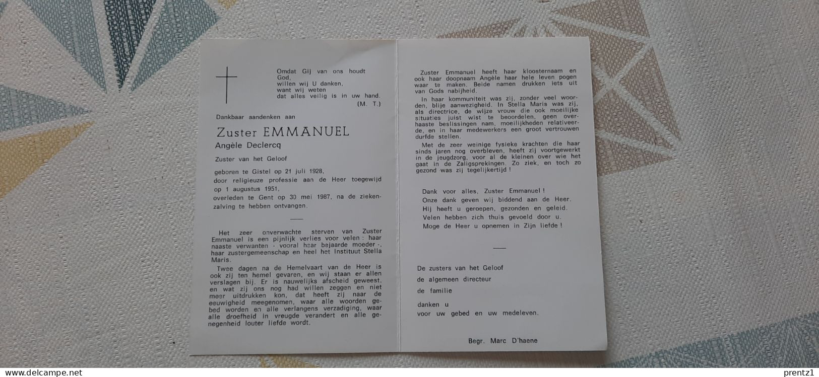 Angele Declercq Geb. Gistel 21/07/1928-  Zuster Emmanuel - Gest. Gent 30/05/1987 - Devotion Images