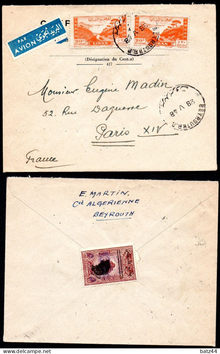 LIBAN Enveloppe Cover Letter Lettre Beyrouth Pour Paris 28 V 48 2 X N° 22 PA  + 1 Fiscal 30 Centième Surchargé Overprint - Liban