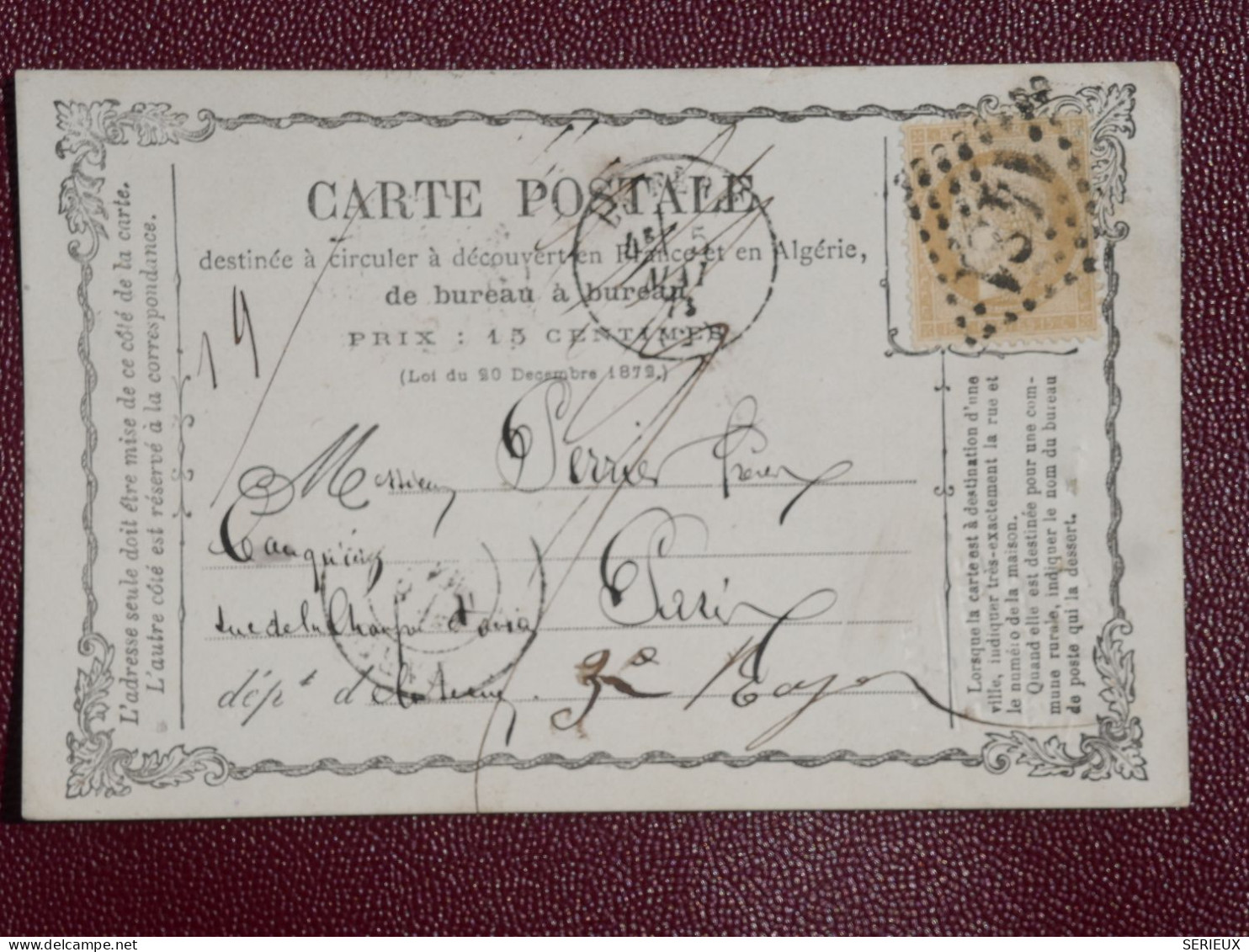 FRANCE CARTE  RR 1ER MAI 1873 PETIT BUREAU LA FERE  A PARIS +CERES 15C  LOS 978+ AFF. INTERESSANT. DP8+ - 1849-1876: Classic Period