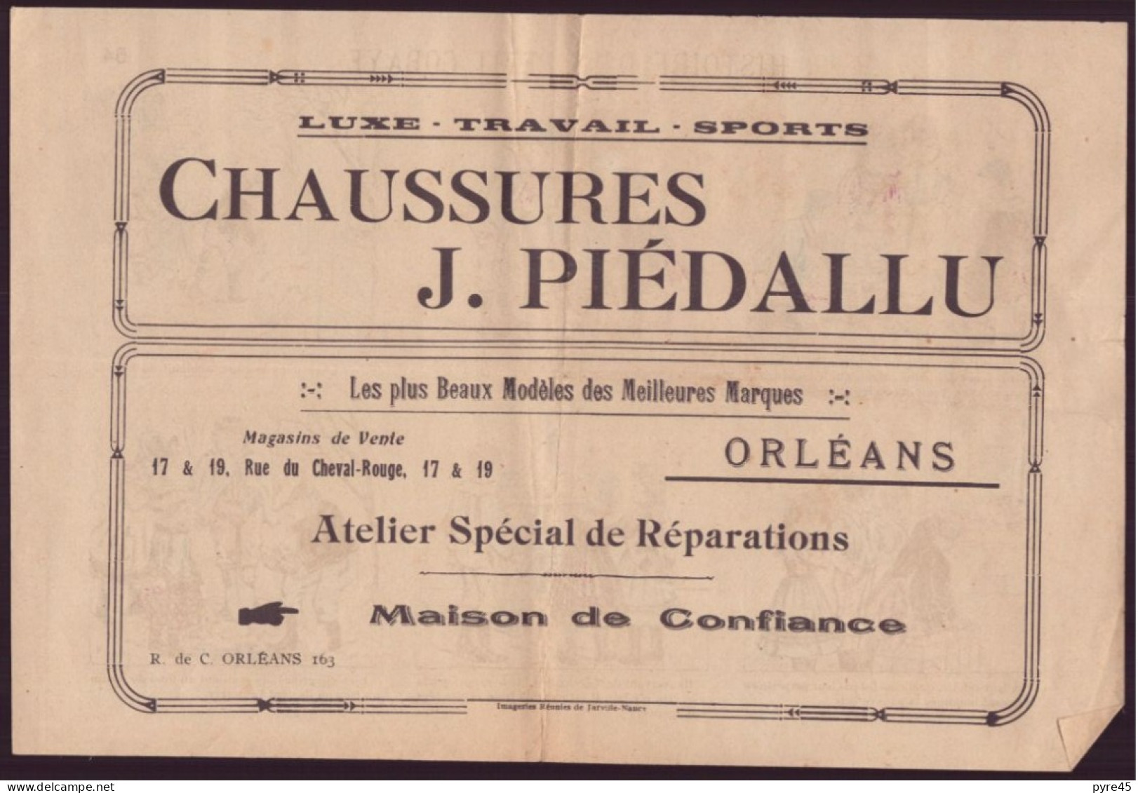 FEUILLE PUBLICITAIRE HISTOIRE D UN PETIT COBAYE CHAUSSURE PIEDALLU ORLEANS - Publicités