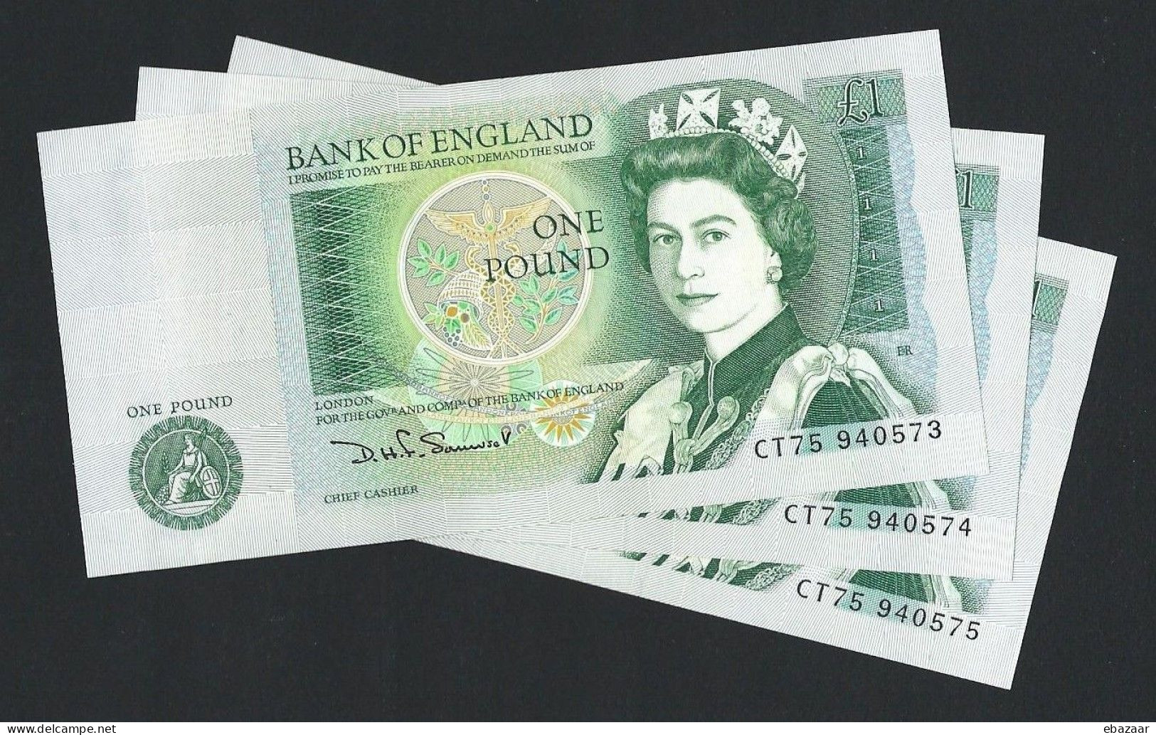 Great Britain Bank Of England 1 Pound 3 Banknotes P-377b Consecutive Serial Numbers D. H. F. Somerset 1978-1984 UNC - 1 Pound