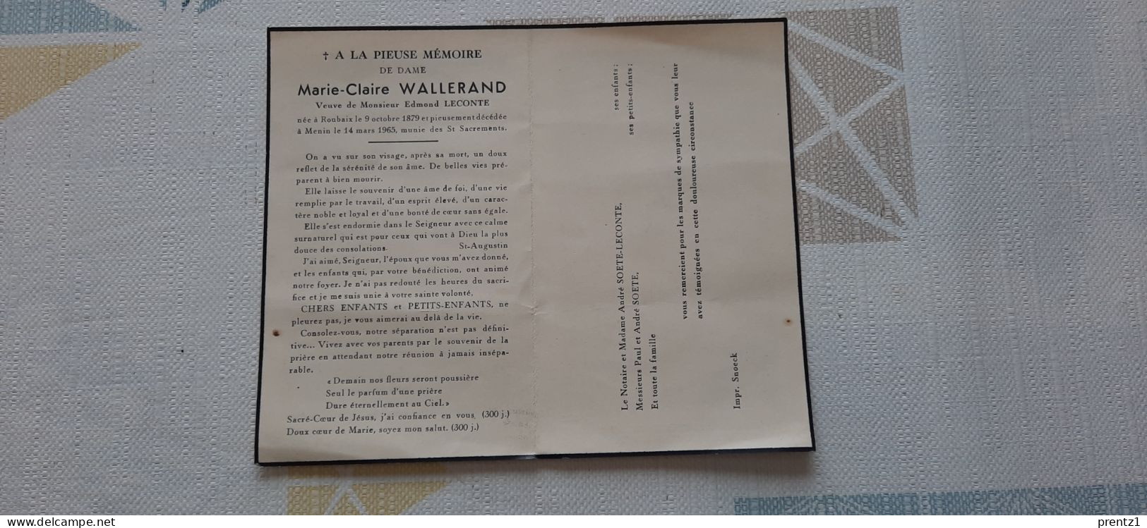 Marie Wallerand Geb. Roubaix 9/10/1879- Getr. Edmond Leconte - Gest. Menen 14/03/1965 - Devotion Images