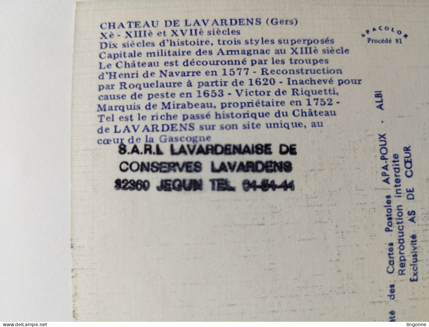LAVARDENS Château De Lavardens Du Moyen Age Au XVIIe Siècle. Oblitération S.A.R.L LAVARDENAISE De CONSERVES LAVARDENS - Andere & Zonder Classificatie