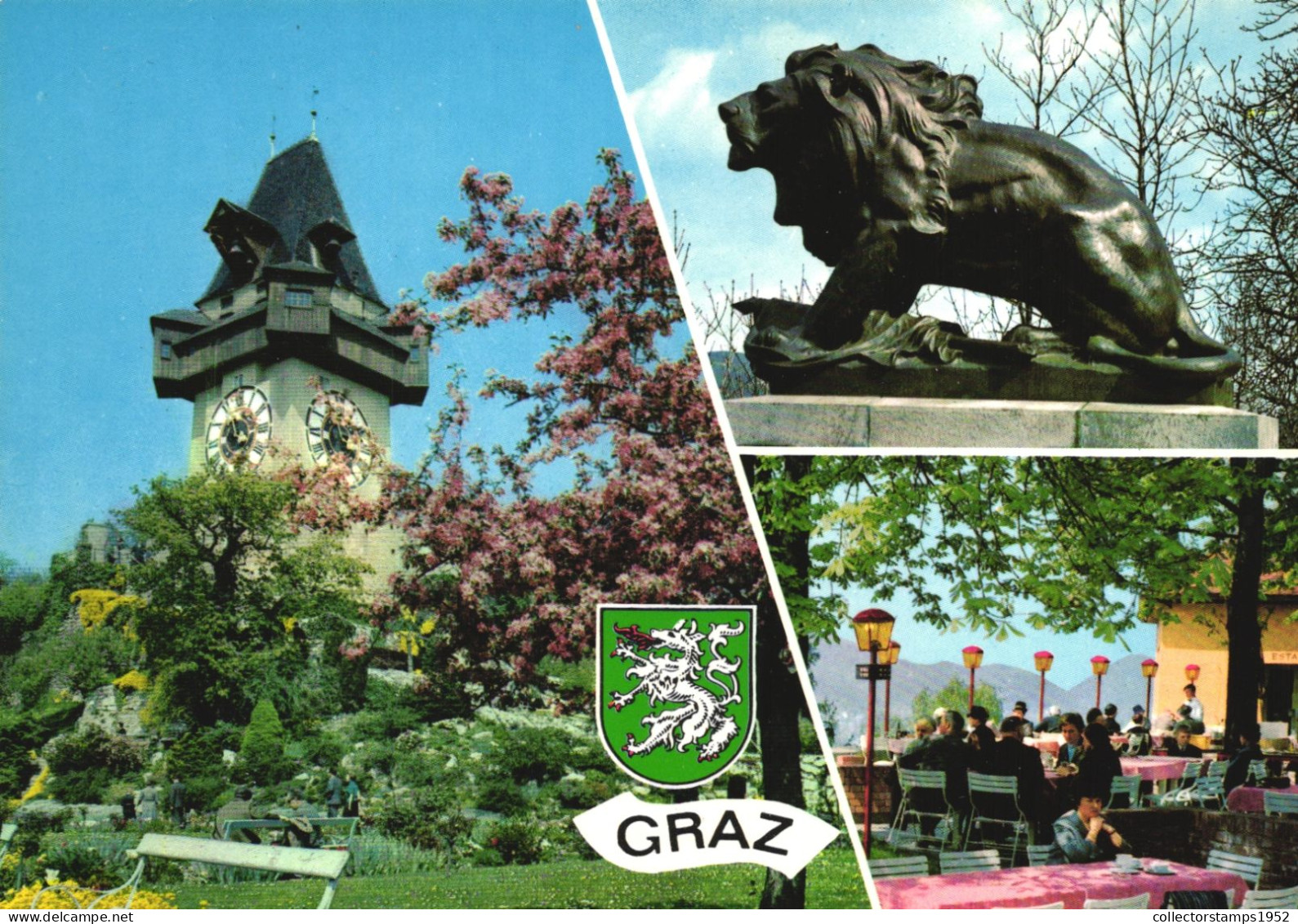 GRAZ, STYRIA, MULTIPLE VIEWS, TOWER WITH CLOCK, SCULPTURE, TERRACE, EMBLEM, AUSTRIA, POSTCARD - Graz