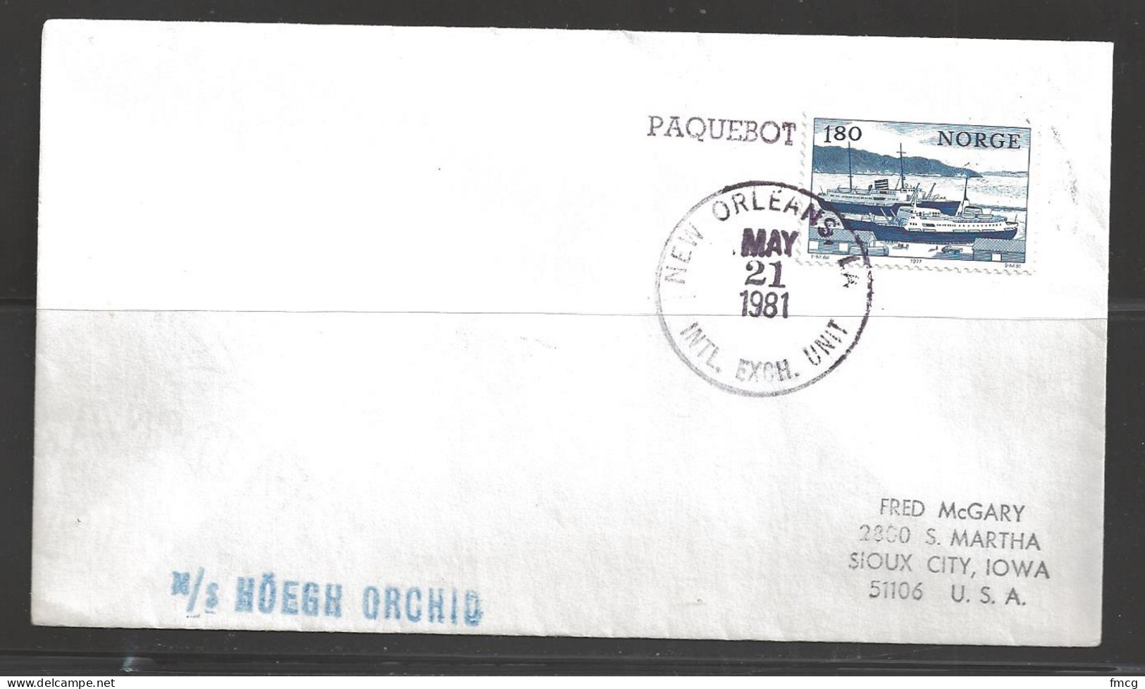 1981 Paquebot Cover, Norway Stamp Used In New Orleans, Louisiana - Lettres & Documents
