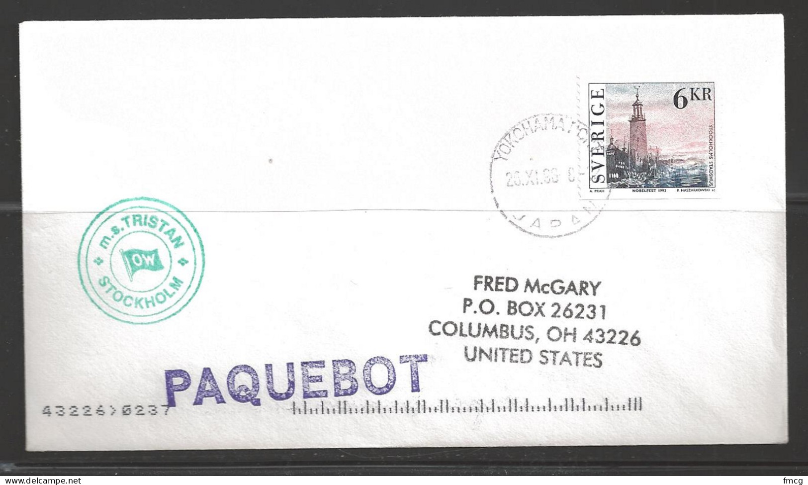1988 Paquebot Cover, Sweden Stamp Used At Yokohama, Japan - Lettres & Documents