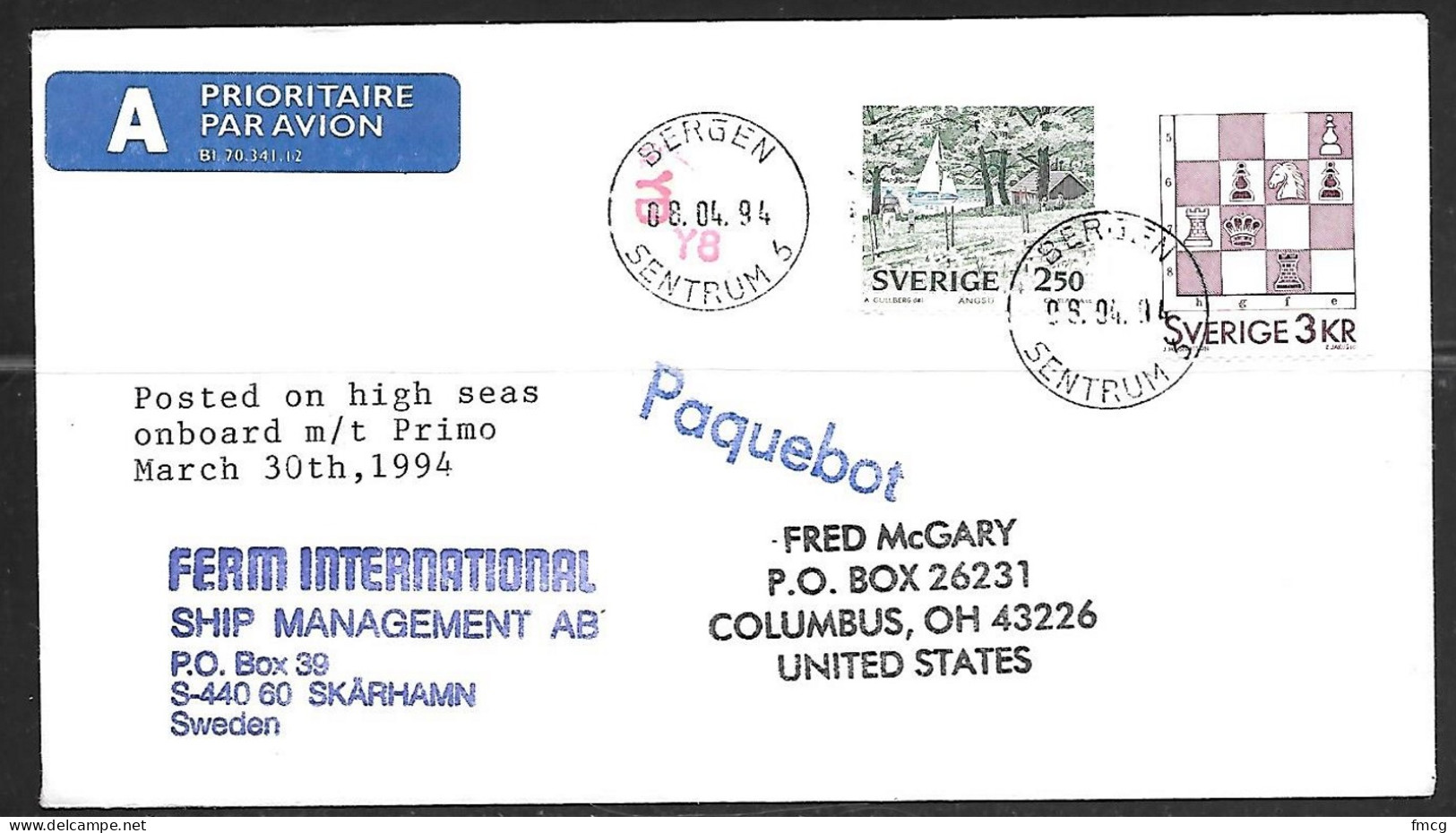 1994 Paquebot Cover, Sweden Stamps Used In Bergen, Norway - Lettres & Documents