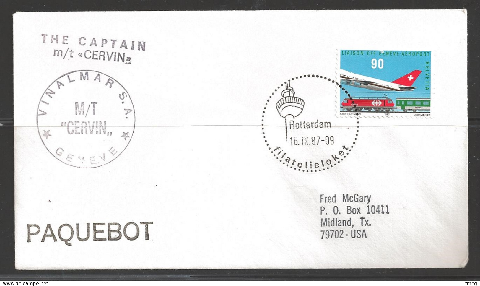 1987 Paquebot Cover Swiss Stamp Used In Rotterdam Netherlands - Covers & Documents