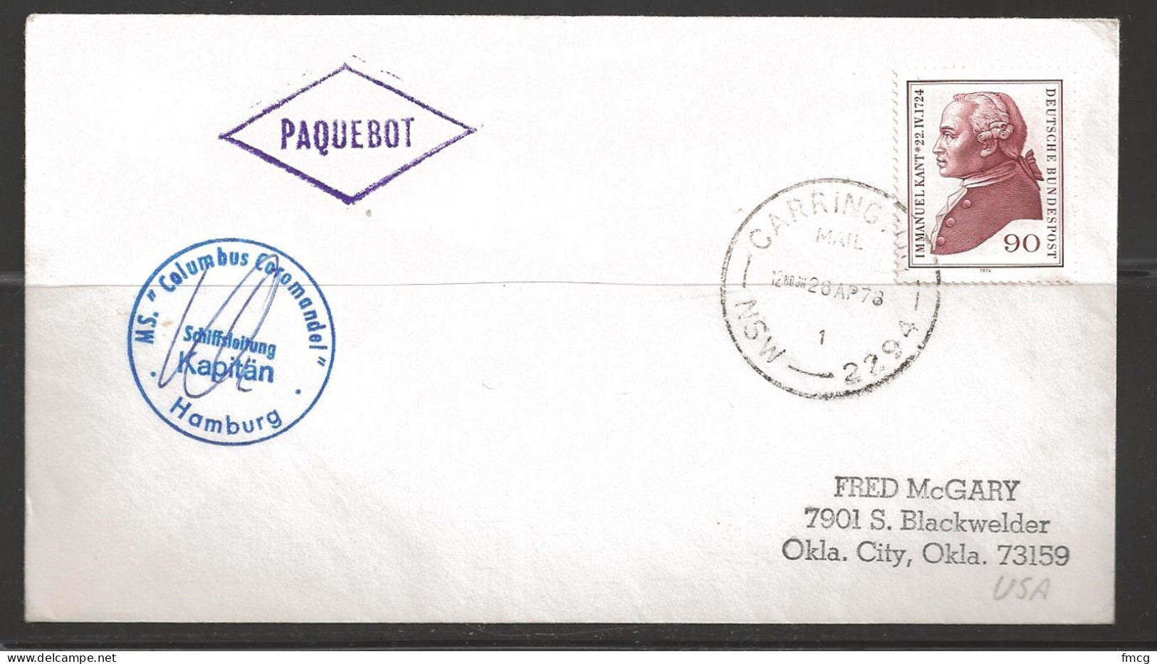 1978 Paquebot Cover, Germany Stamp Used In Carrington, NSW, Australia  - Covers & Documents