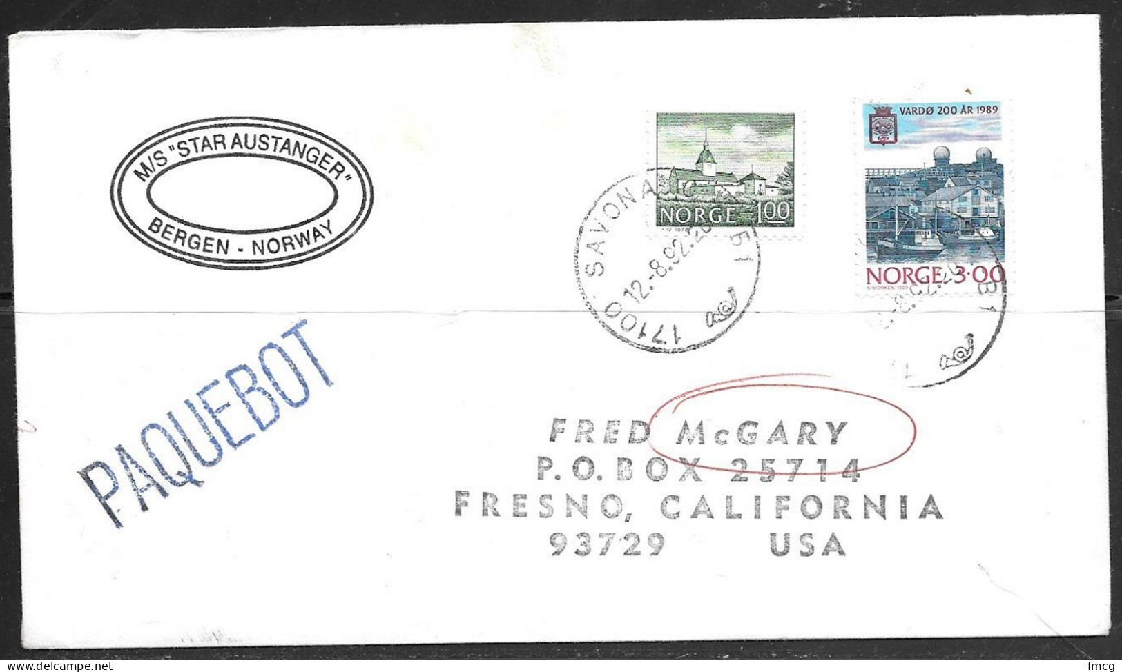 1992 Paquebot Cover, Norway Stamps Mailed In Savona, Italy (12.8.92) - Covers & Documents
