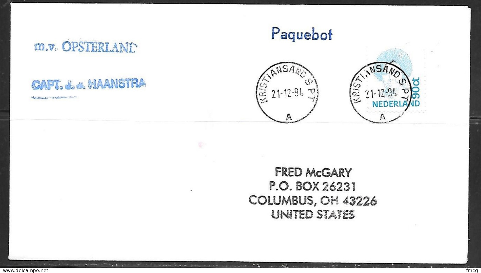 1994 Paquebot Cover, Netherlands Stamp Used In Kristiansand, Norway - Lettres & Documents
