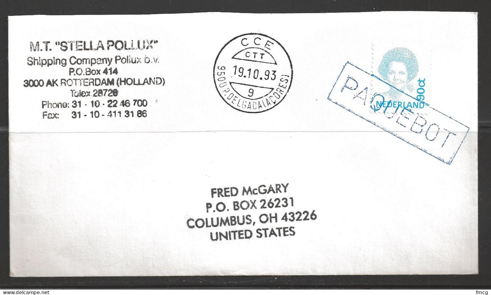 1993 Paquebot Cover, Netherlands Stamp Used In P. Delgado, Azores, Portugal - Covers & Documents