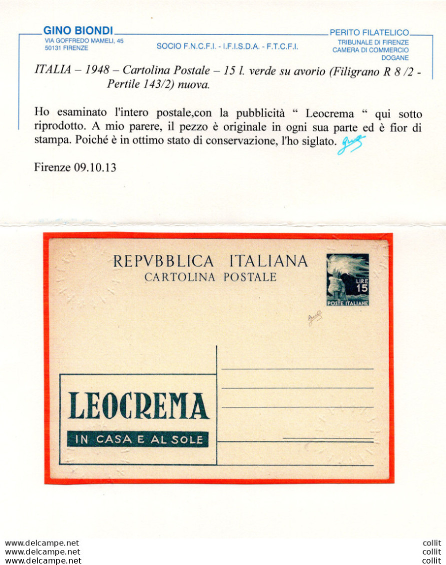 C.P. Lire 15 "Democratica" Pubblicitaria Leocrema N. R 8/2 - Stamped Stationery