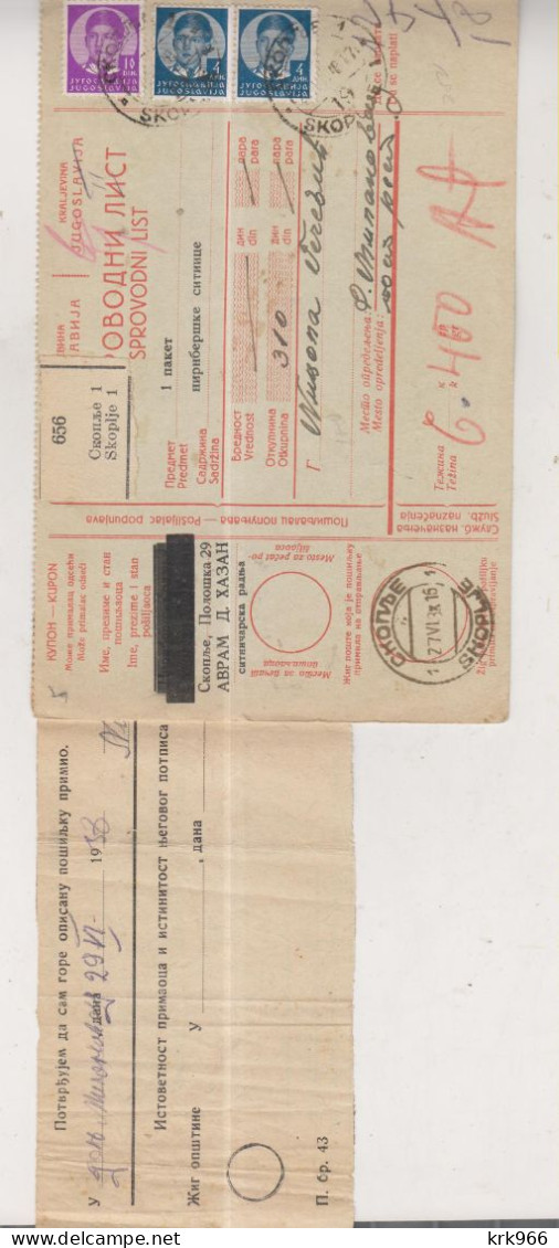 YUGOSLAVIA SKOPLJE 1938 Nice Parcel Card - Brieven En Documenten