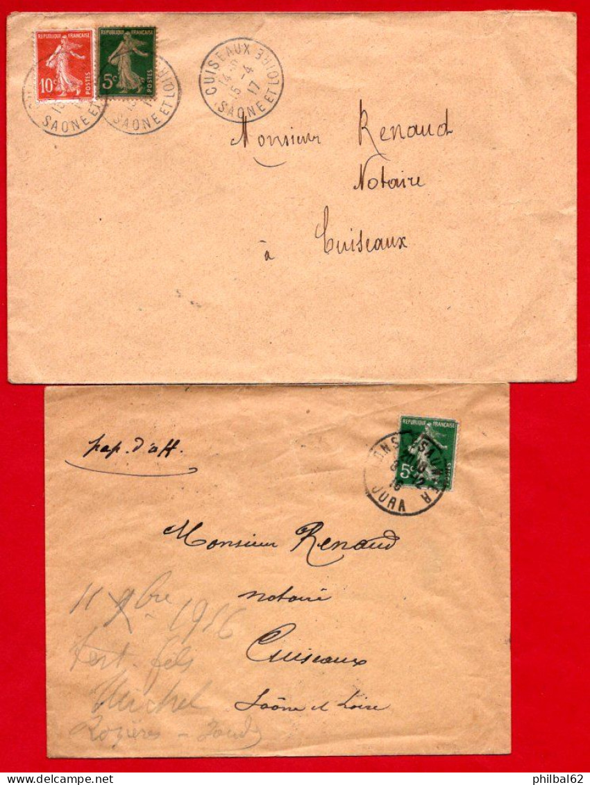 2 Lettres Affranchies Avec Des Semeuses. N° 135 Et 137 C. à Date Cuiseaux 1917 Et Lons Le Saunier 1916. - Lettres & Documents