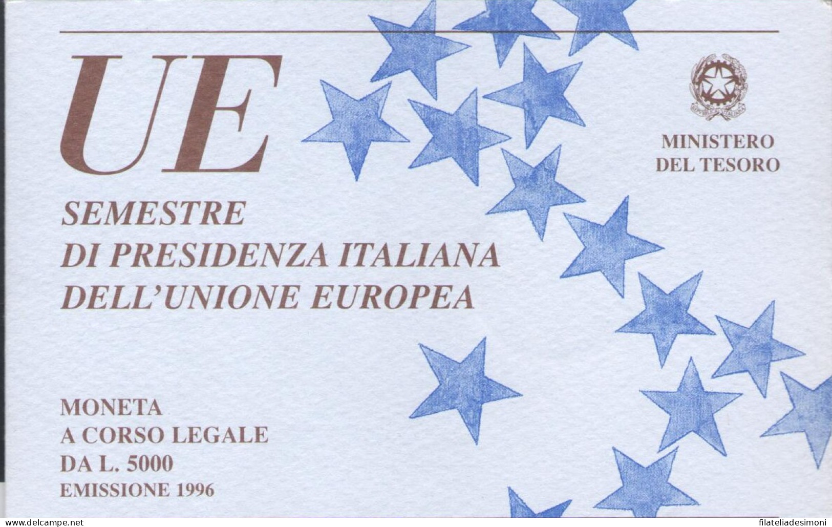 1996 Italia - 5000 Lire UE Presidenza Europea - Cartoncino Ufficiale - FDC - 500 Lire