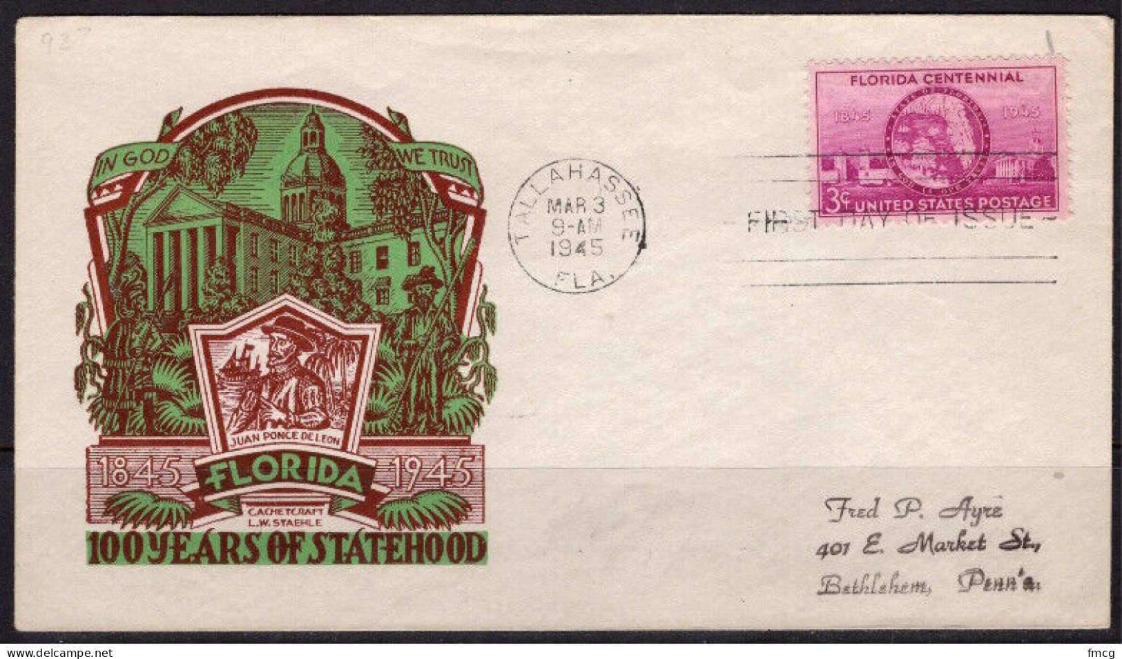 1945 Staehle First Day Cover - Florida Statehood - 1941-1950