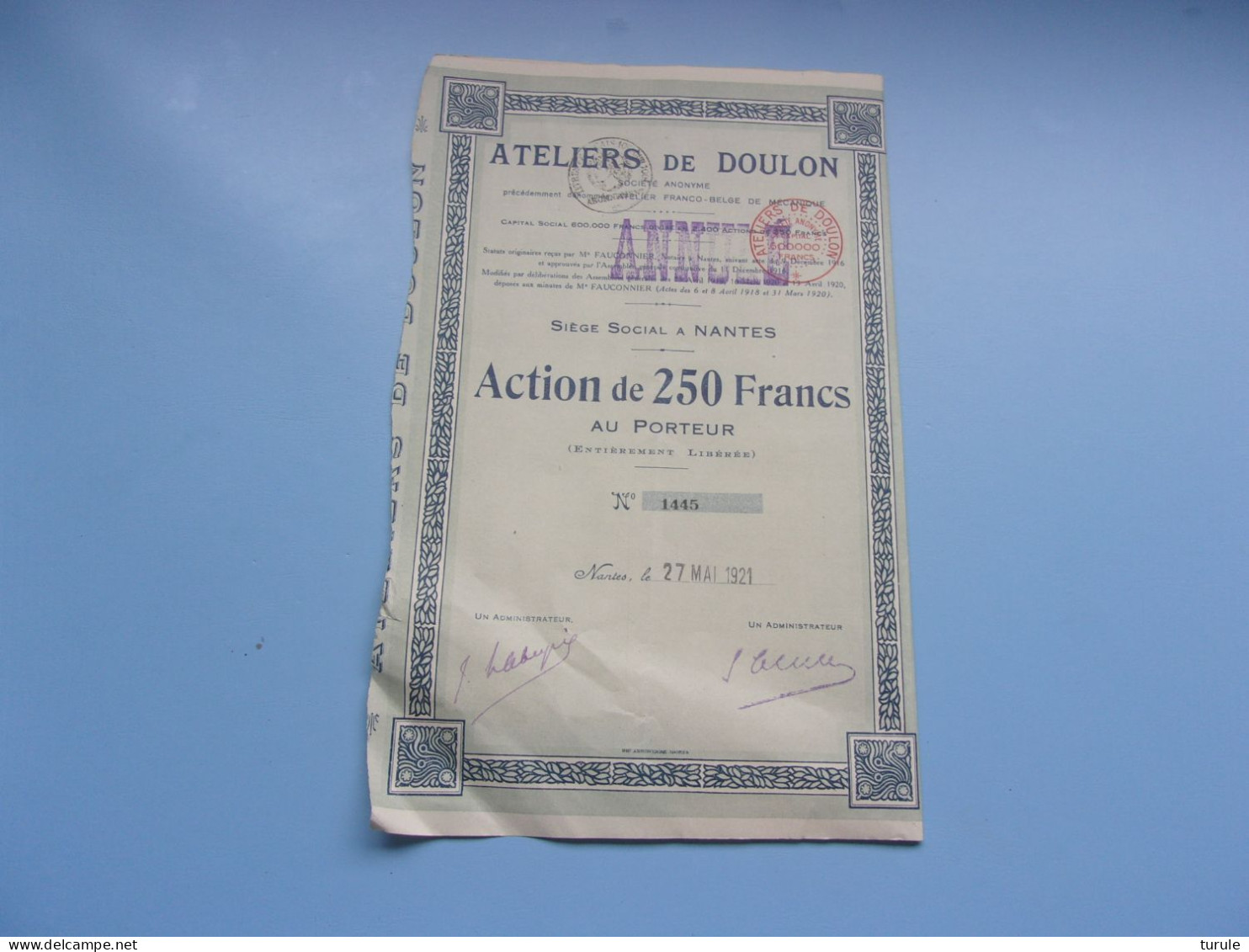 ATELIERS DE DOULON (nantes) 1921 - Autres & Non Classés