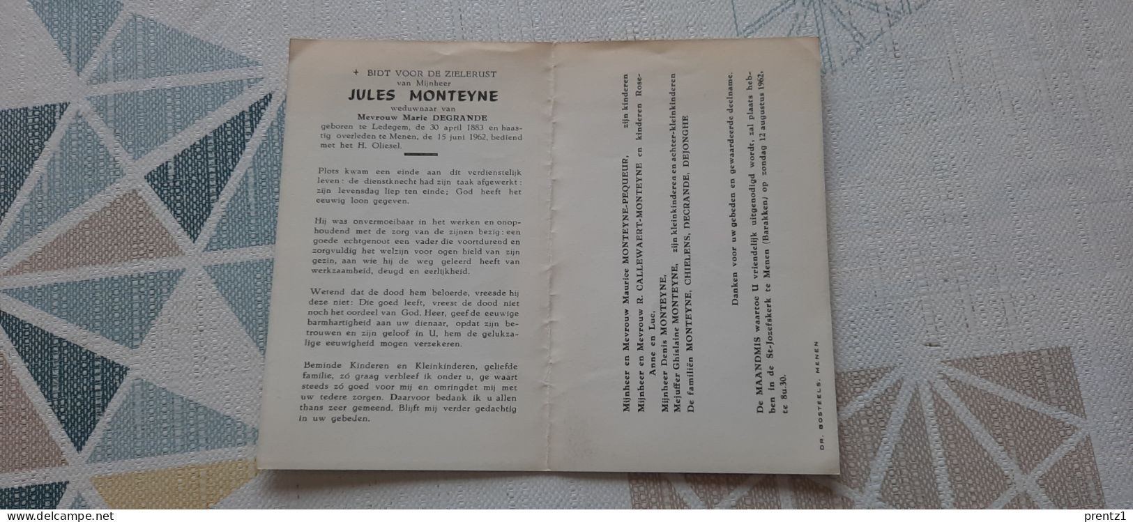 Jules Monteyne Geb. Ledegem 30/04/1883- Getr. M. Degrande - Gest. Menen 15/06/1962 - Devotion Images