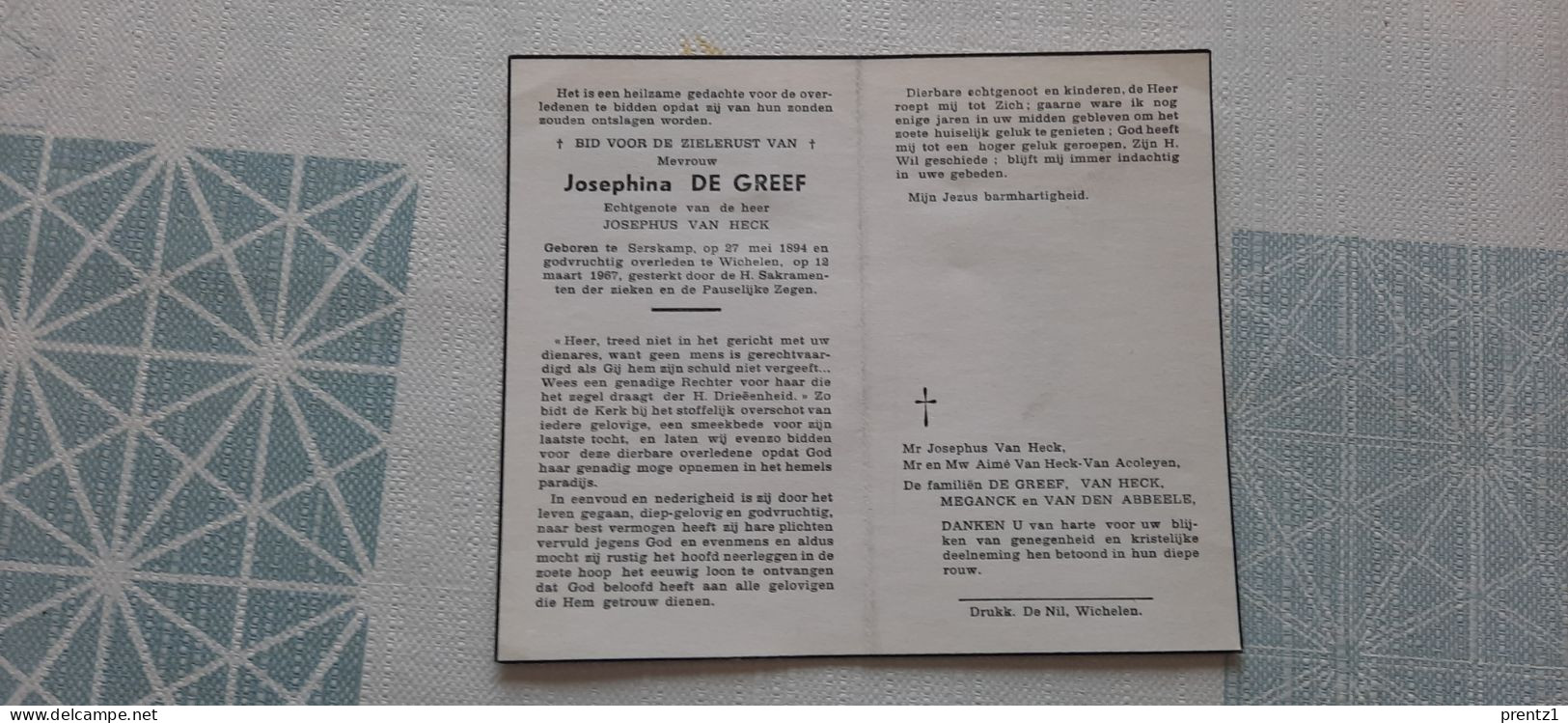 Josephina De Greef Geb. Serskamp 27/05/1894- Getr. J. Van Heck - Gest. Wichelen 12/03/1967 - Devotion Images