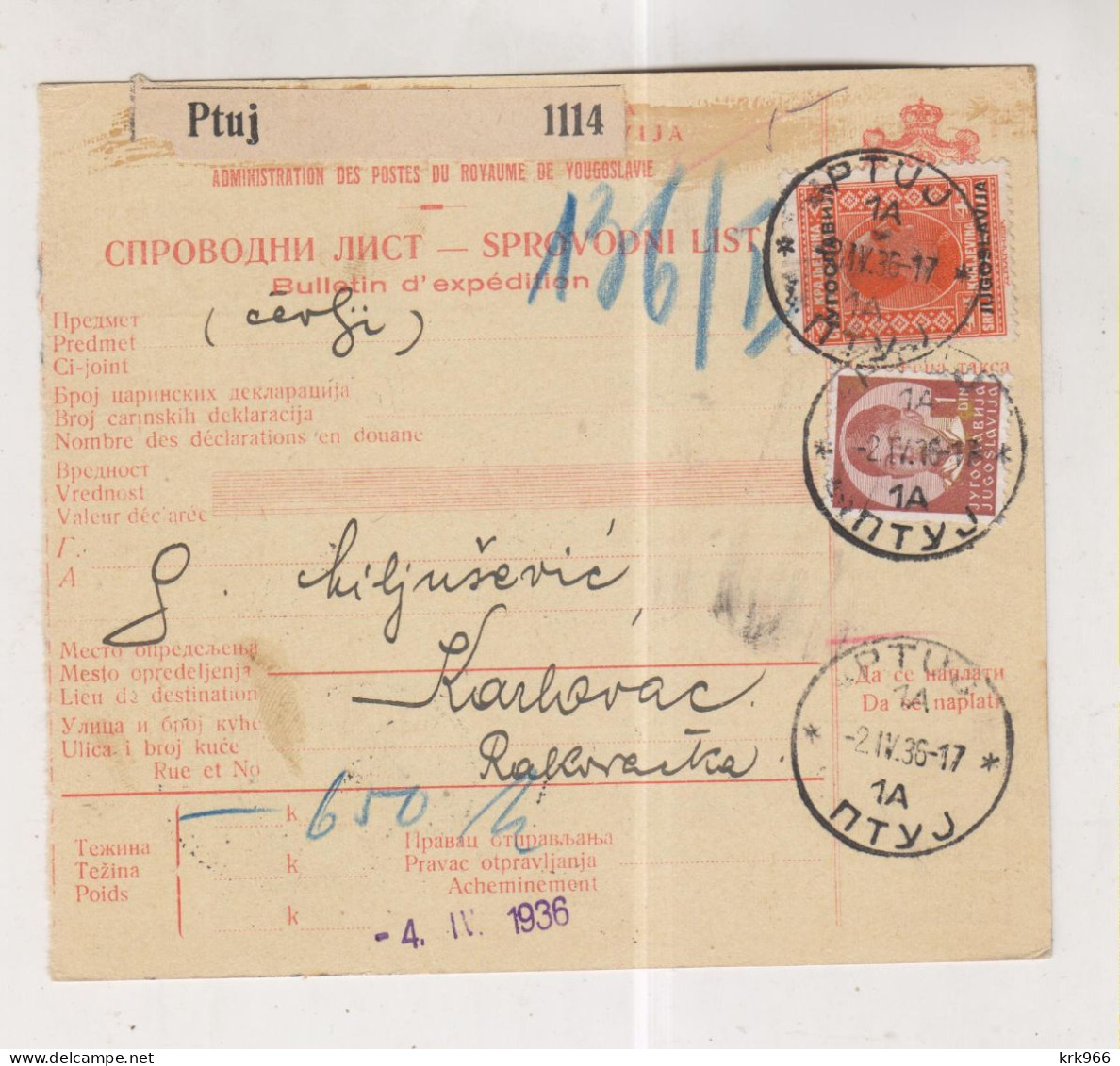 YUGOSLAVIA PTUJ 1936 Nice Parcel Card - Briefe U. Dokumente