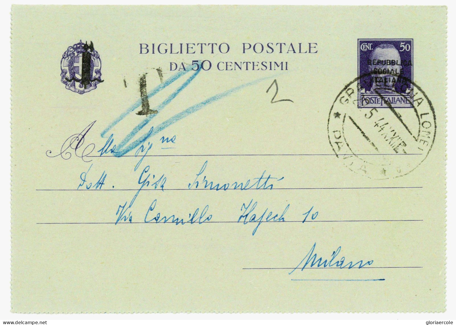 P3110 - ITALIA, RSI, BIGLIETTO POSTALE CAT. FILAGRANO B 35 , DA GRAVELLONA (29.5.1944) A MILANO, TASSATA E DETASSATA?? - Marcophilie