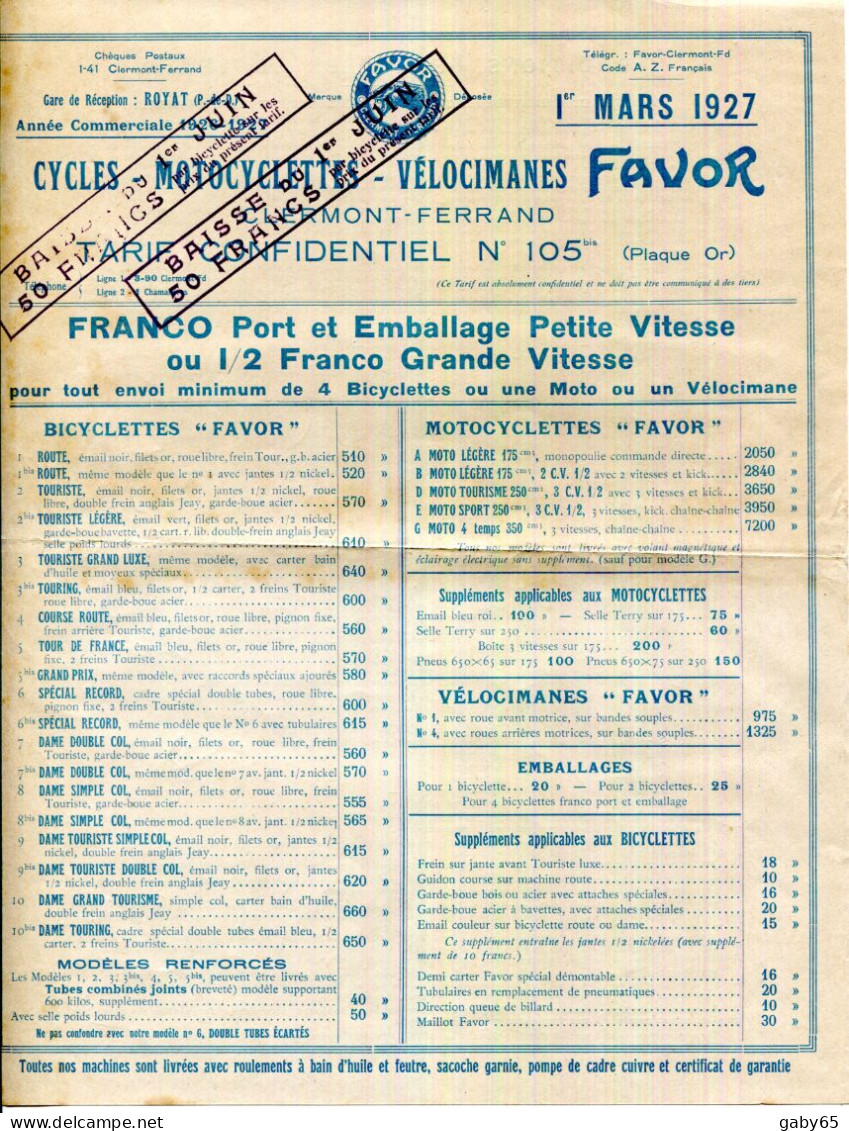 FACTURE..63.CLERMONT FERRAND.CYCLES.MOTOCYCLETTES.VÉLOCIMANES " FAVOR " TARIF 1927. - Altri & Non Classificati