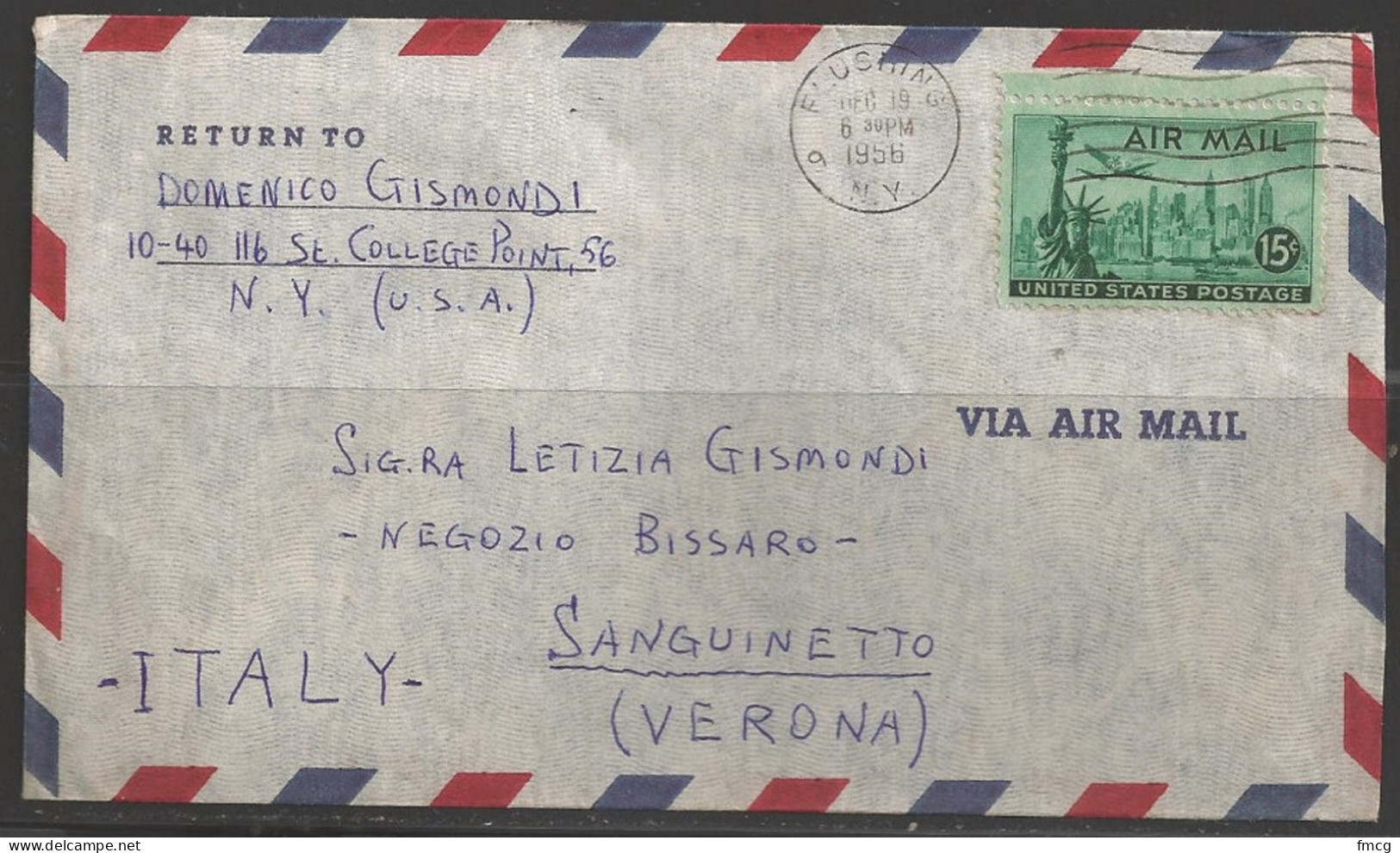 1956 15 Cents New York Skyline Airmail Flushing (Dec 19) NY To Italy - Lettres & Documents