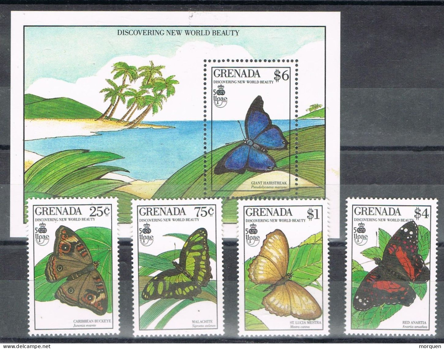 55164. Hojita Y Serie Completa GRENADA, U.P.A.E. Union Postal- MARIPOSAS, Papillon ** - Papillons