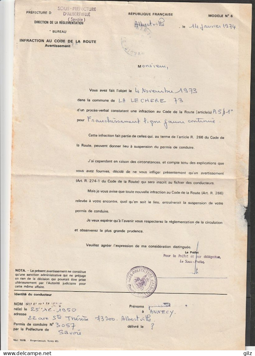 Lettre Recommandée Ar Infraction Code De La Route ,Albertville 1973-74 Ss Prefecture - Briefe U. Dokumente