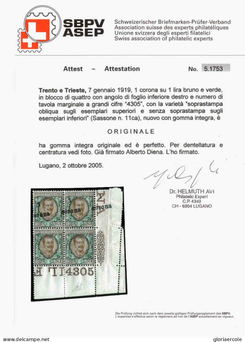 P3111 - ITALIA, TRENTO E TRIESTE SASSONE 11 CA IN COPPIA, QUARTINA D'ANGOLO DI FOGLIO CON NUMERO DI TAVOLA. - Other & Unclassified