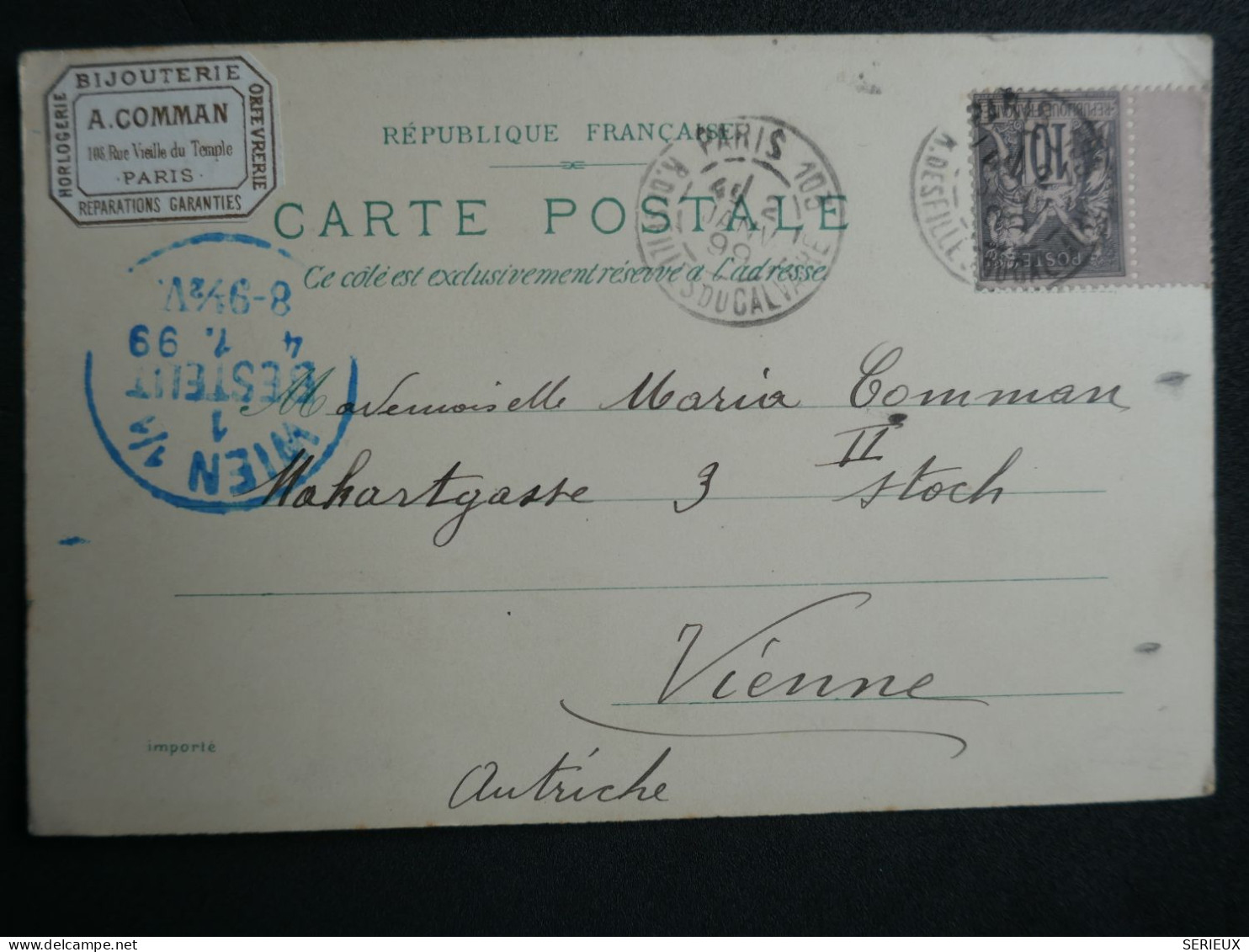 FRANCE CARTE BIJOUTERIE RR 1899 PARIS A VIENNE AUTRICHE +SAGE 10C BORD DE FEUILLE + AFF. INTERESSANT. DP8 - 1877-1920: Semi Modern Period