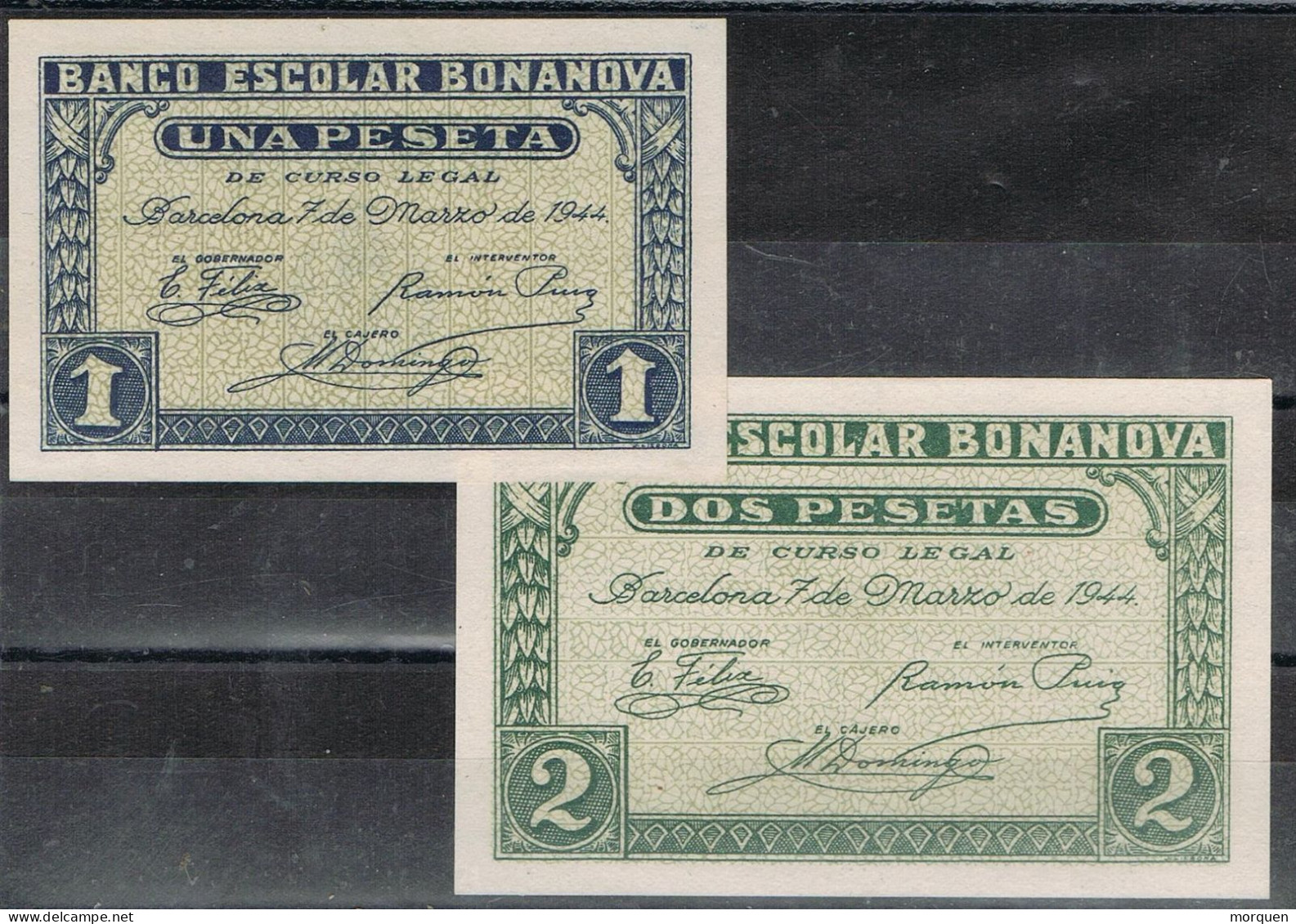 55165. Billetes BANCO BONANOVA (Barcelona) 1944, 1 Y 2 Pts, Plancha, ULTIMA Serie ** - Autres & Non Classés