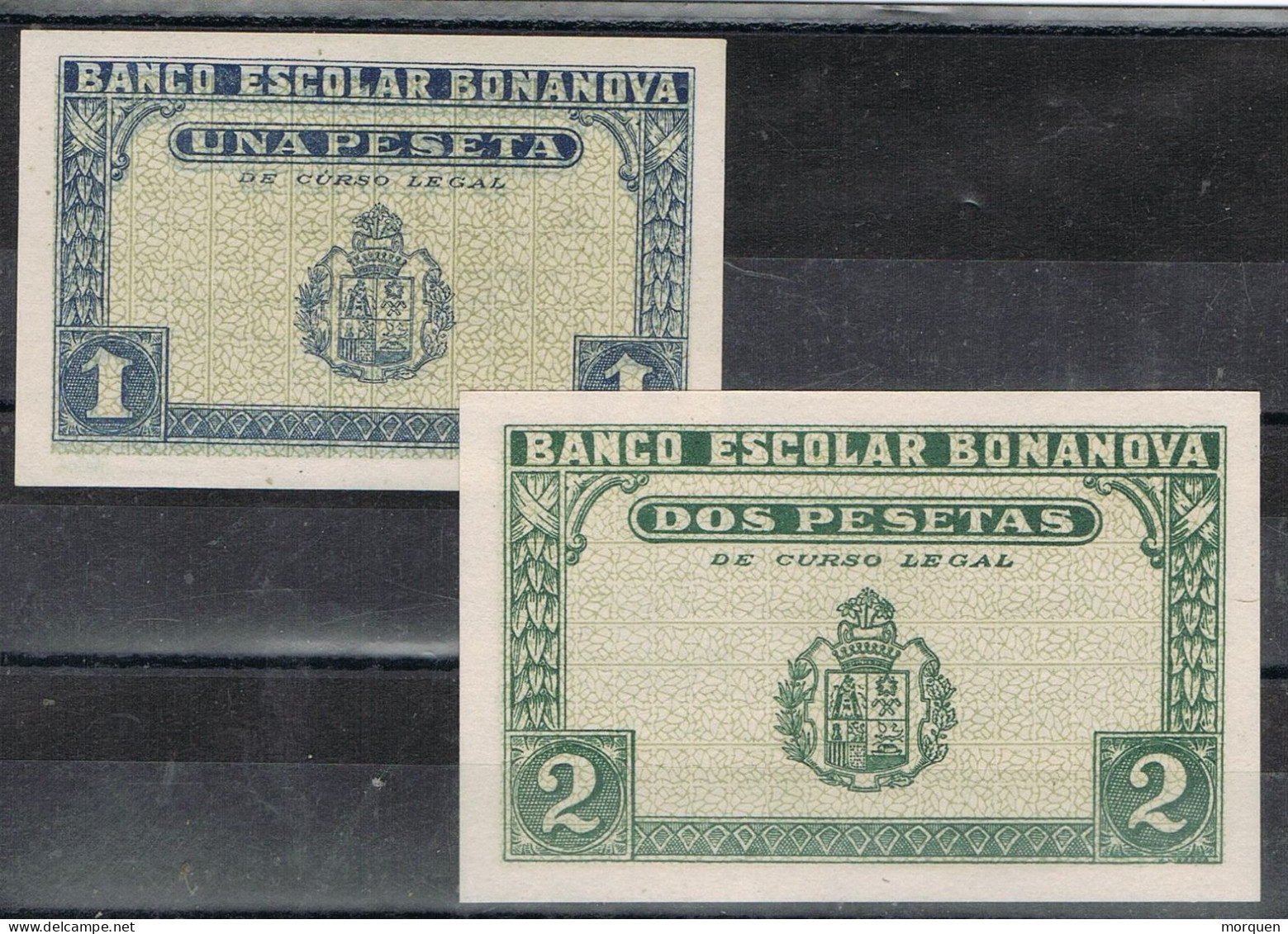 55165. Billetes BANCO BONANOVA (Barcelona) 1944, 1 Y 2 Pts, Plancha, ULTIMA Serie ** - Other & Unclassified