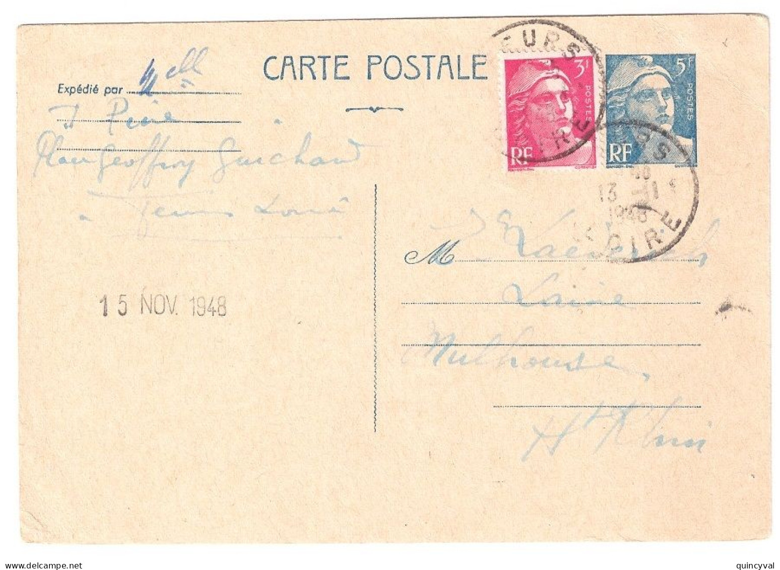FEURS Loire Carte Postale Entier 5F Gandon Bleu Yv 719B-CP1 3F Rose Lilas Yv 806 Ob 13 11 1948 Dest Mulhouse - Standaardpostkaarten En TSC (Voor 1995)