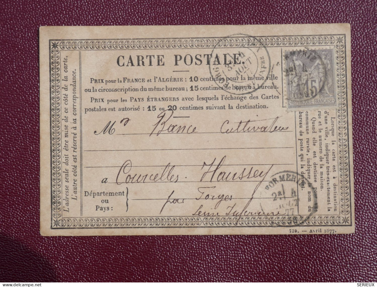 FRANCE CARTE  1877 FORMERIE A COURCELLES   +SAGE 15C+ AFF. INTERESSANT. DP8 - 1877-1920: Semi Modern Period