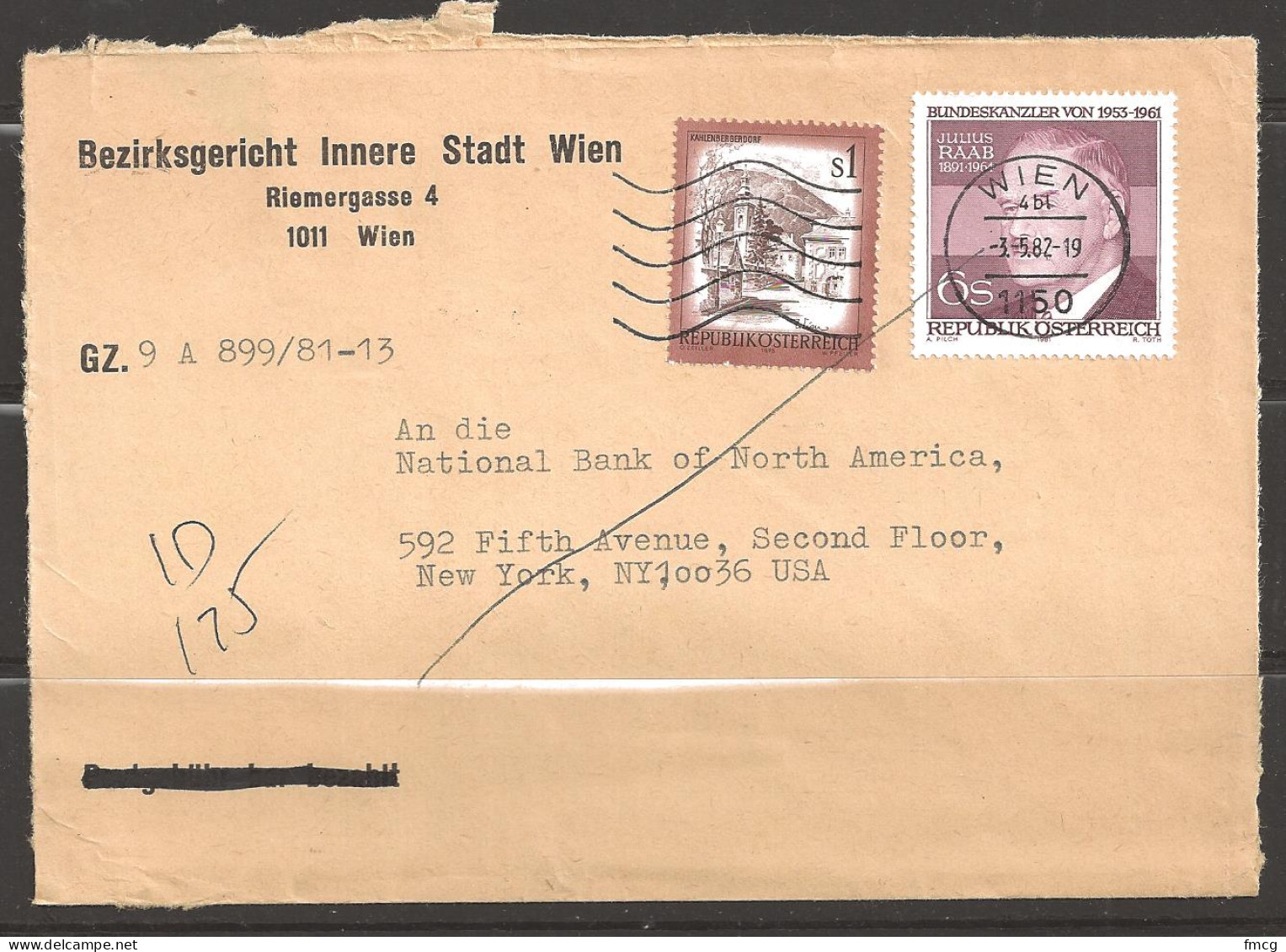 1982 Wien (3.5.82) To NY, Julias Raab 6S Stamp - Briefe U. Dokumente