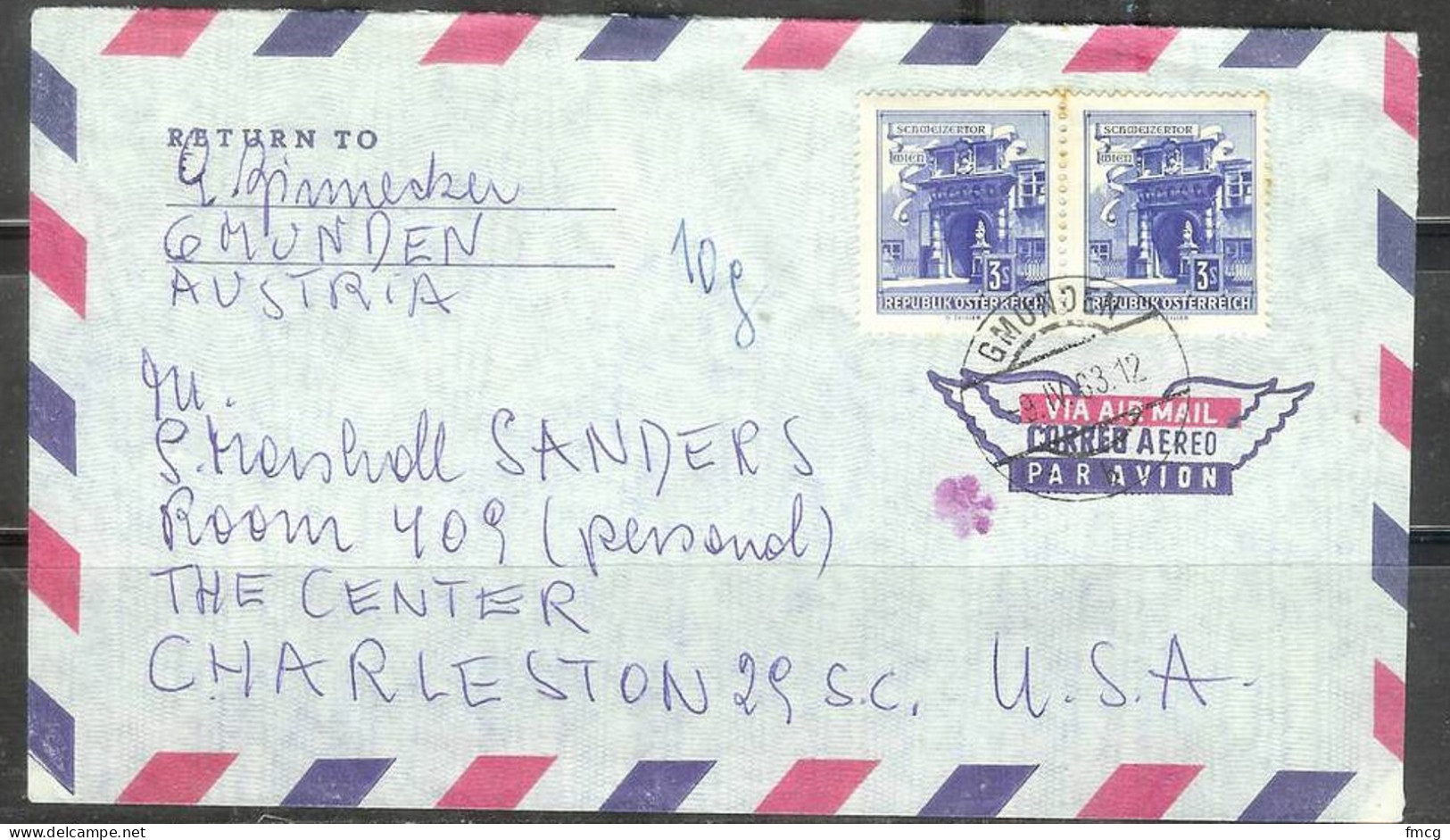 1963 - Two 3s Vienna Swiss Gate On Cover Gmunden To SC USA - Storia Postale