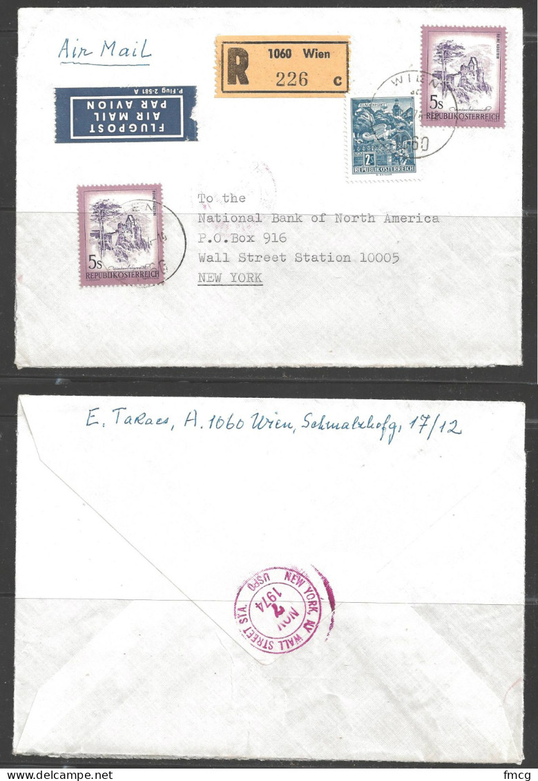 1974 Registered Bank Cover, Wien To NY, Backstamp - Covers & Documents
