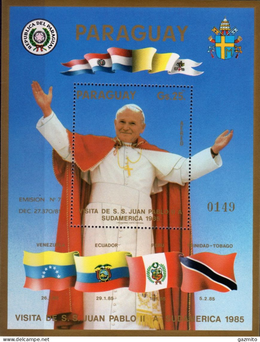 Paraguay 1985, Visit Pope J. Paul II, Flags, Block - Sellos