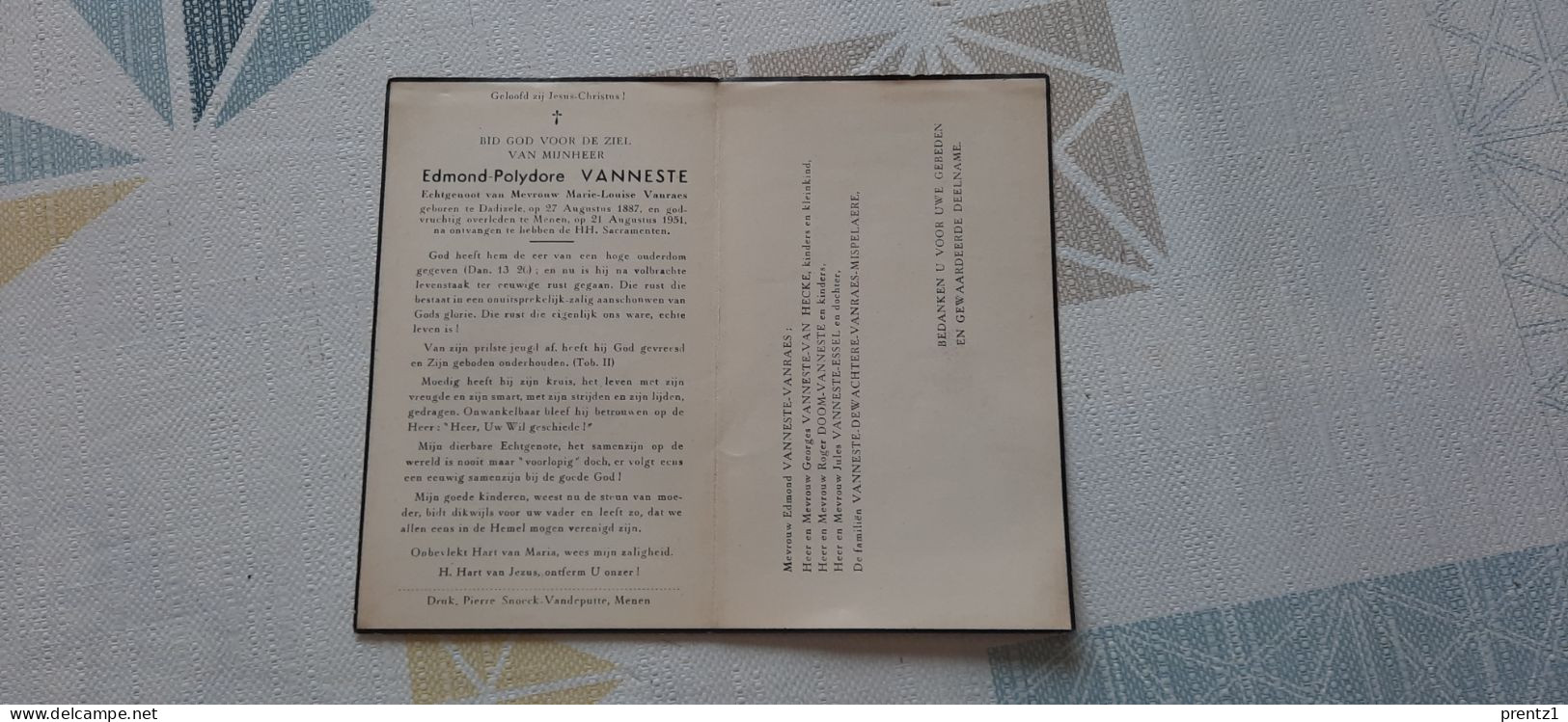 Edmond Vanneste Geb. Dadizele 27/08/1887- Getr. M. Vanraes - Gest. Menen 21/08/1951 - Devotion Images