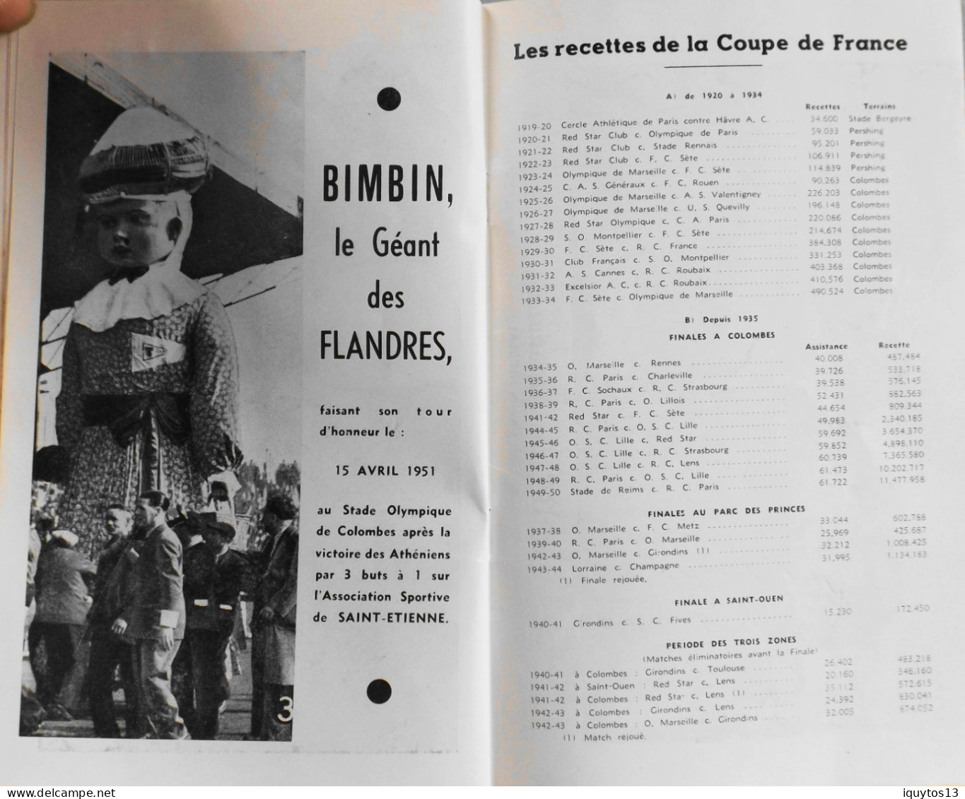RARE Programme de FINALE de la COUPE de FRANCE au Stade Colombes le 6 Mai 1951 R.C. STRASBOURG / U.S. VALENCIENNES-ANZIN