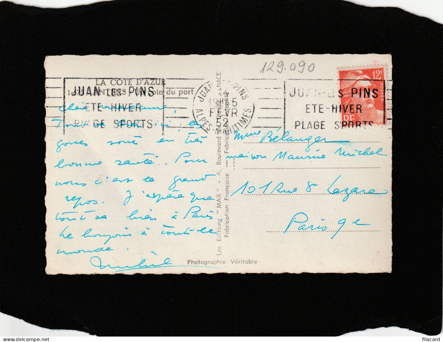 129090          Francia,       Antibes,  Un Coin  Du  Port,   Juan-les-Pins,   VG   1952 - Juan-les-Pins