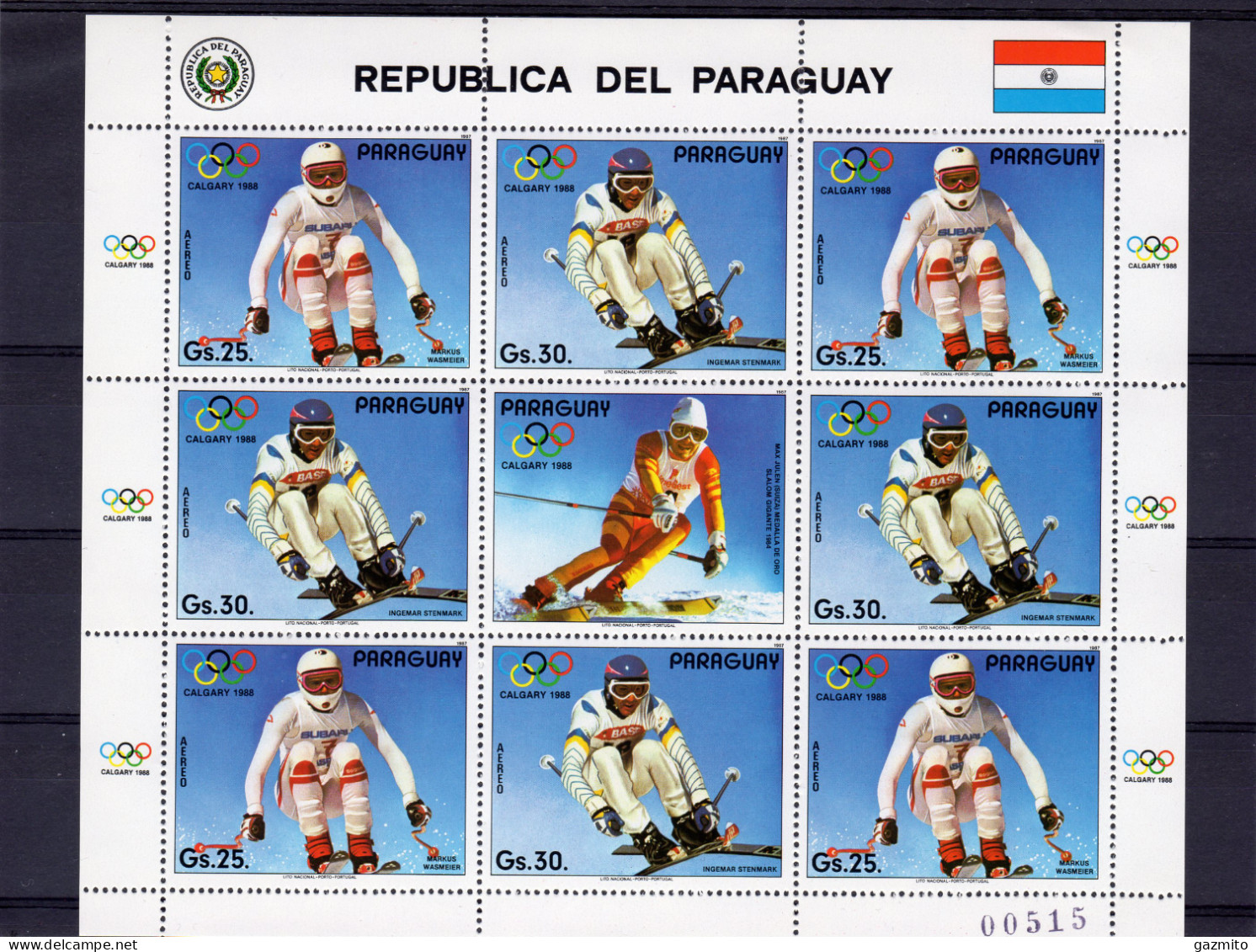 Paraguay 1988, Olympic Game In Calgary, Skiing, Sheetlet - Ski